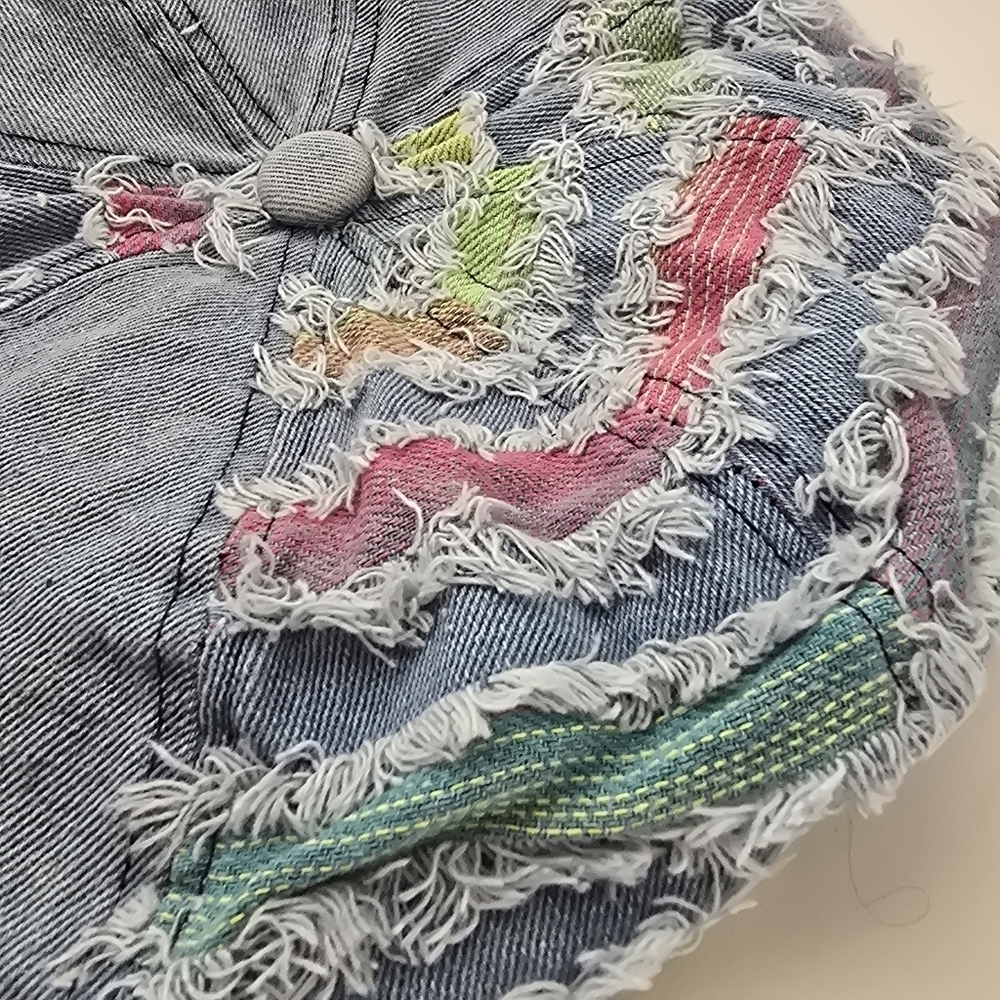 NWT Light Denim Patchwork Multi Fringe Beret Boho… - image 3